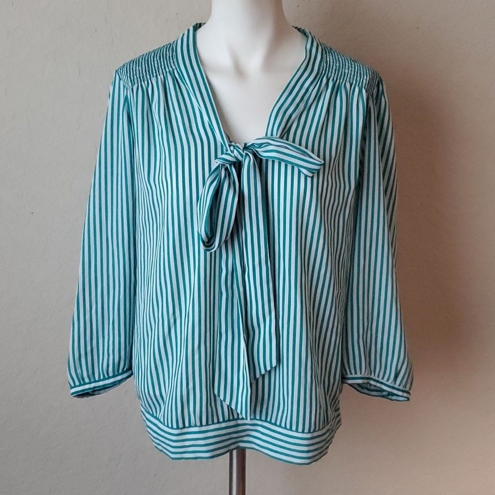 The Limited Teal Green Vertical Striped Tie Neck Blouse Size Medium 3/4 Sleeve - Picture 1 of 10